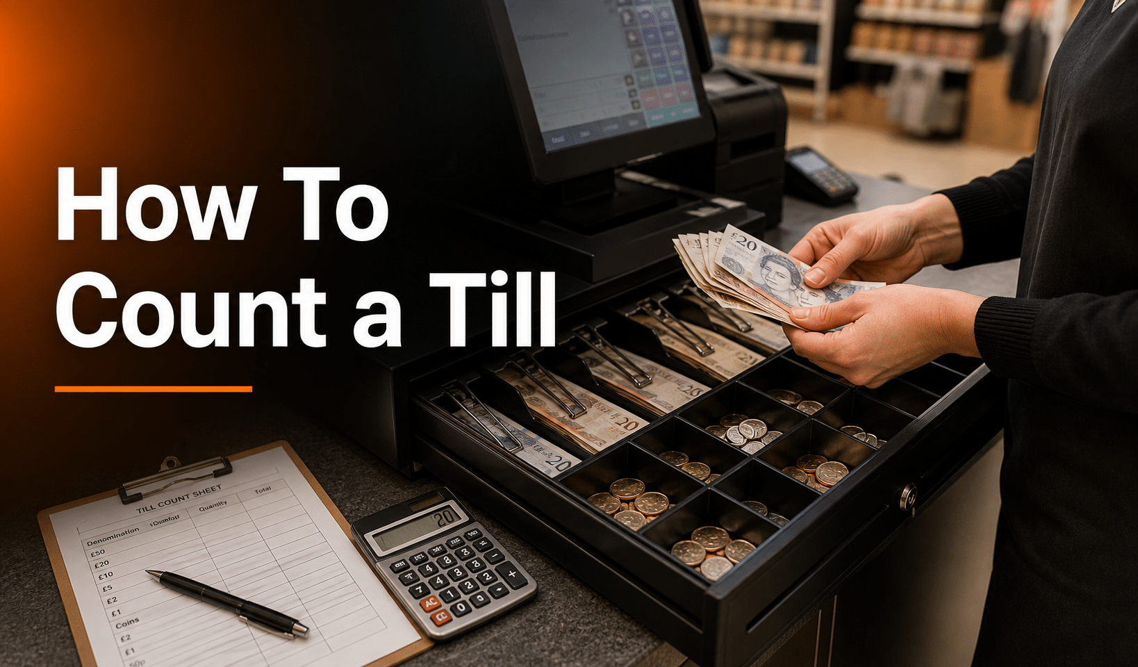 Featured image showing a cashier counting a till.