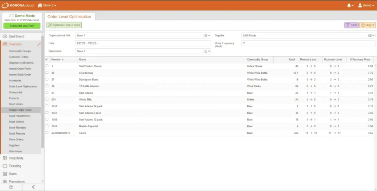 Screenshot of KORONA Studio order level optimization
