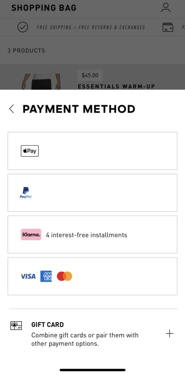 a screen capture showing adidas optimized checkout process with multiple purchase method options