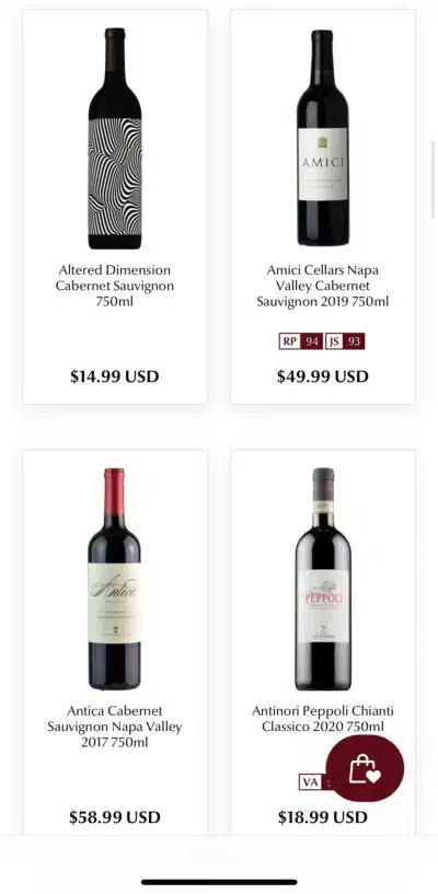 Screenshot showing different wine options on an eCommerce store