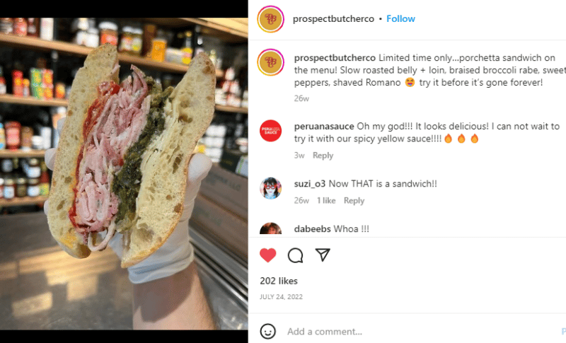 a screen capture from prospect butcher instagram showing a pork sandwich
