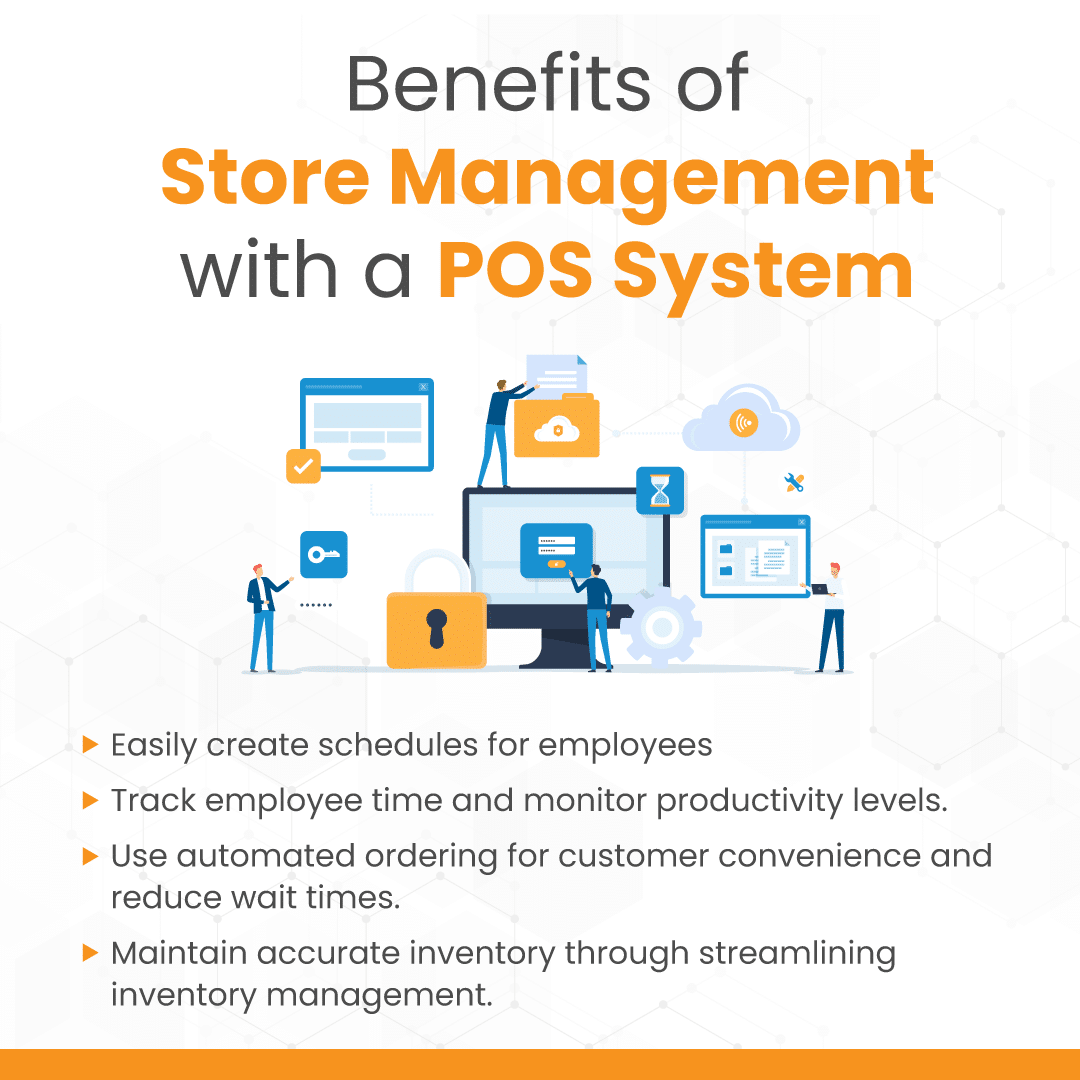 Infographic about benefits of store management with a point of sale system. 