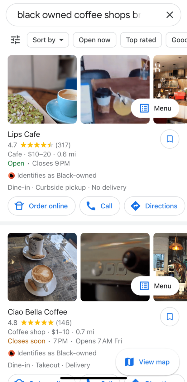 a screen capture from google maps showing Black owned businesses