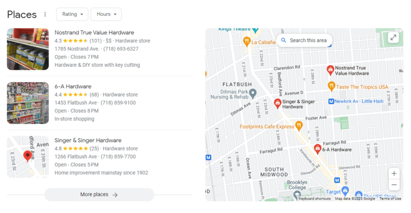 screenshot of a Google Maps Pack result page for a local hardware store search