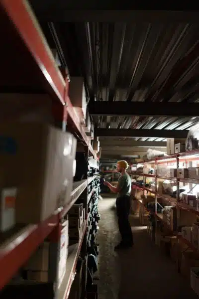 Person scans inventory items in a warehouse with a mobile RFID scanner