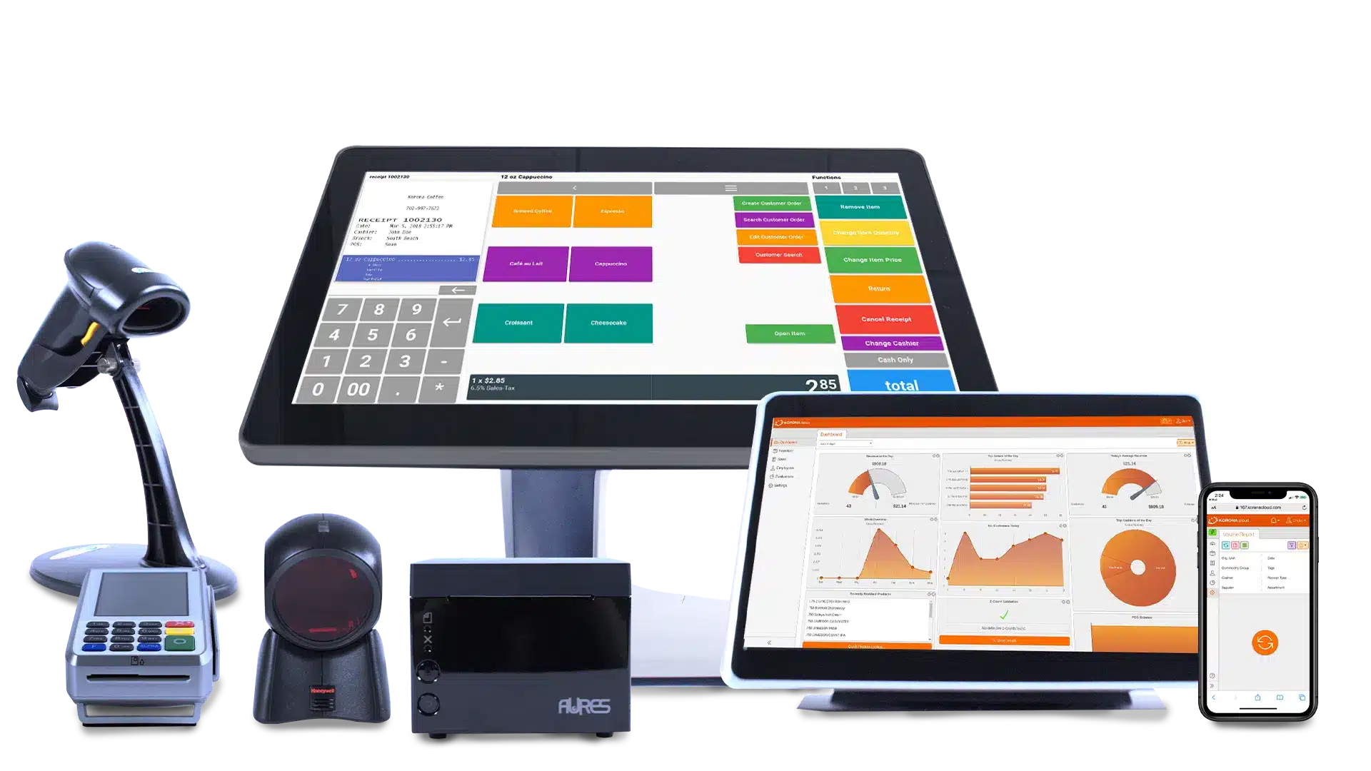 KORONA POS retail point of sale system terminals, scanners, receipt printer, and credit card reader