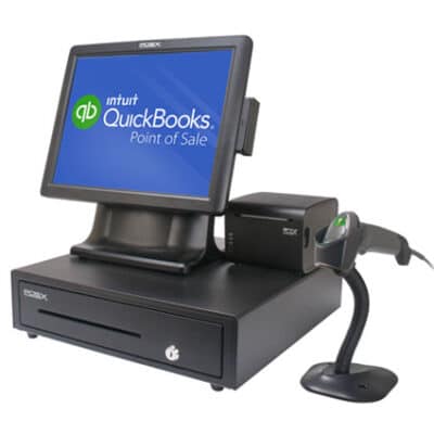 QuickBooks POS terminal with receipt printer, cash drawer, and barcode scanner