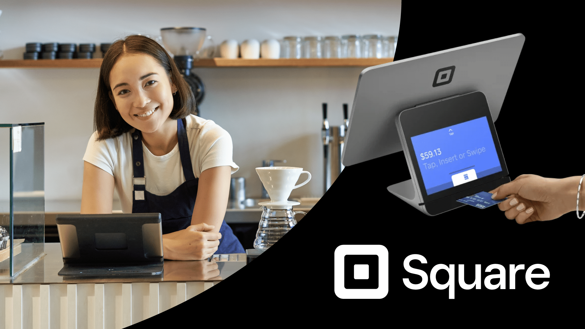 square pos featured image showing a coffee shop cashier on the left and a person using a credit card at a square terminal on the right