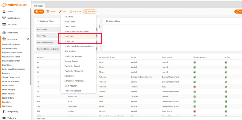 a screen capture from KORONA Studio showing CSV/Excel filtering for exporting products