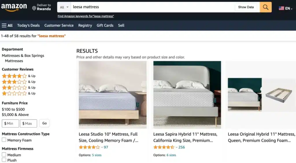 Screenshot of Leesa selling mattresses on Amazon as part of their multi-channel retailing strategy
