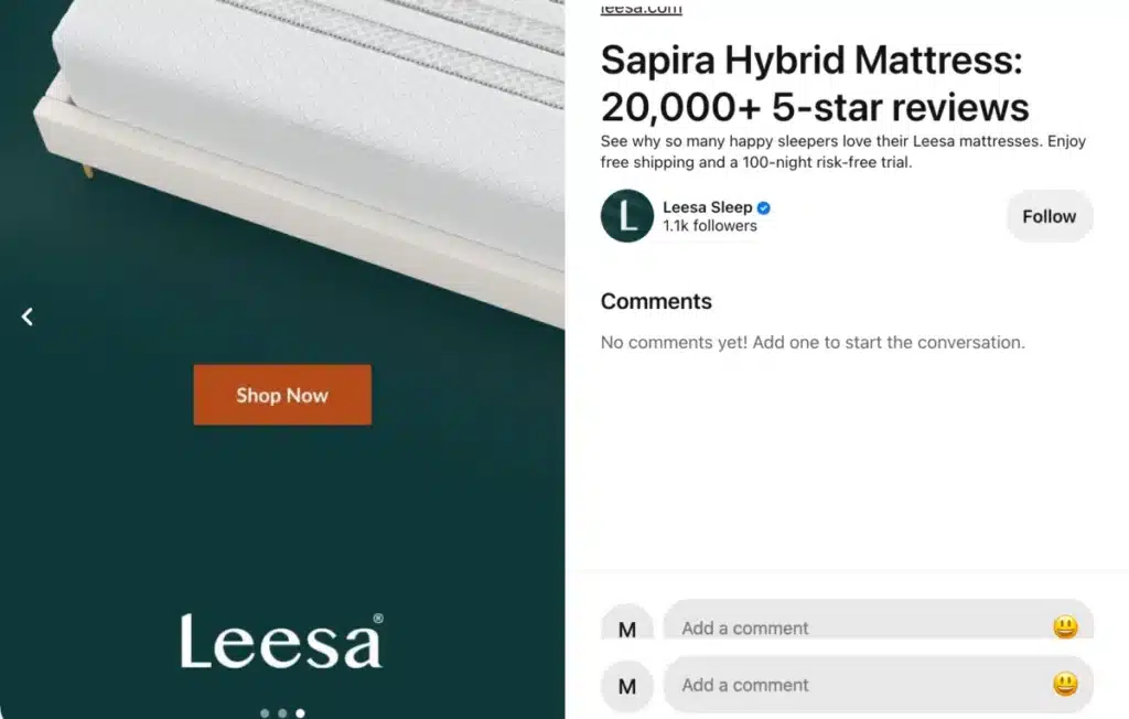 Screenshot of Leesa selling their products on Pinterest