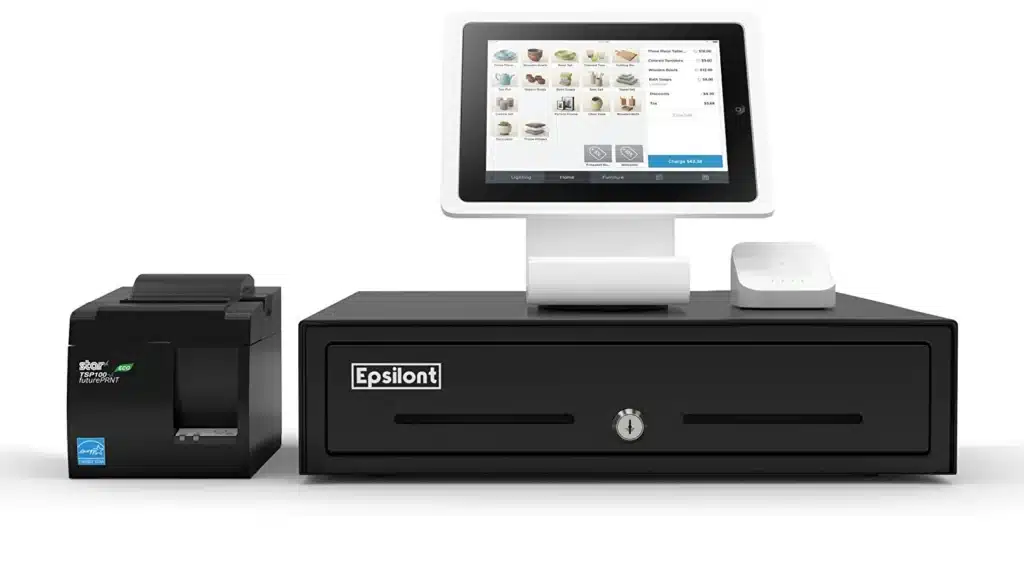 Standard Square POS setup with a tablet terminal, a credit card reader, receipt printer, and cash drawer