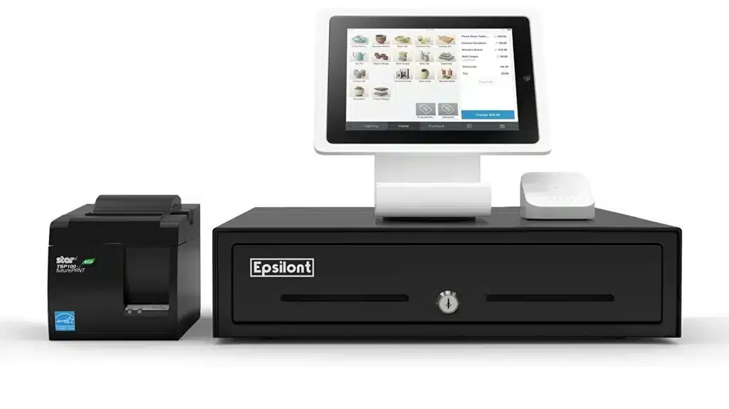 square hardware and software with a cash drawer and receipt printer