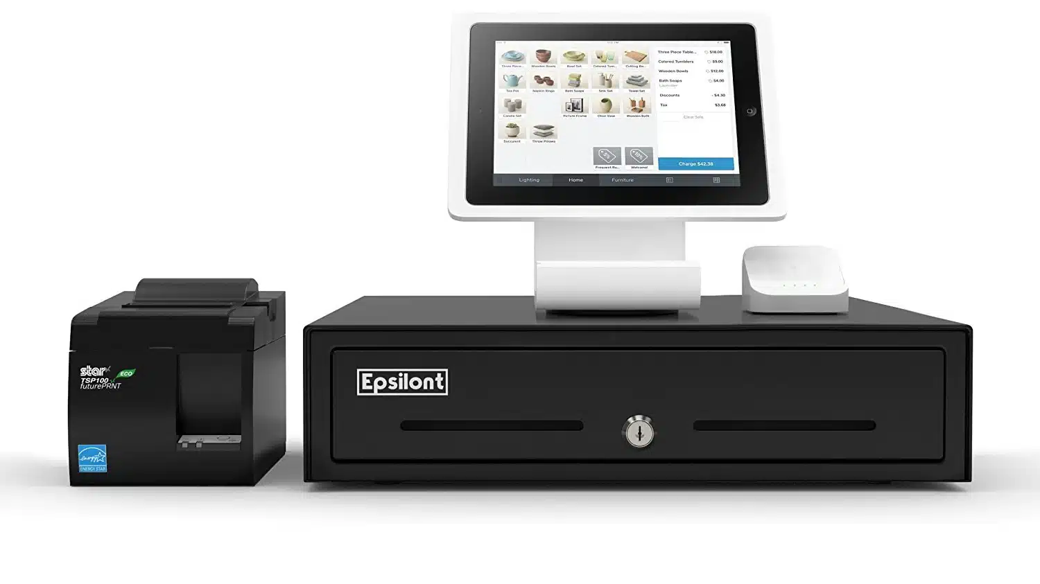 Square cash register with software and hardware including cash drawer, tablet stand, credit card reader, and receipt printer