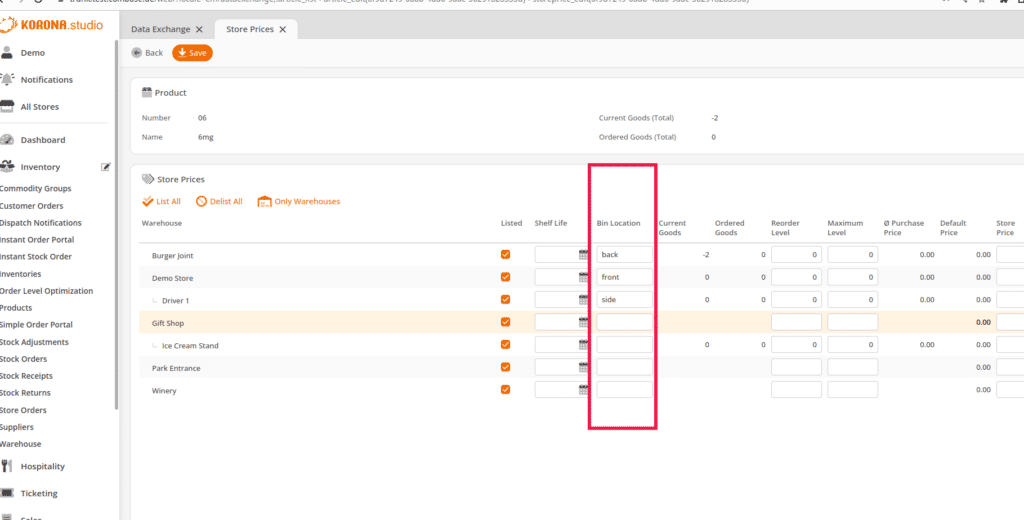 a screen capture from KORONA Studio showing inventory management bin labeling 