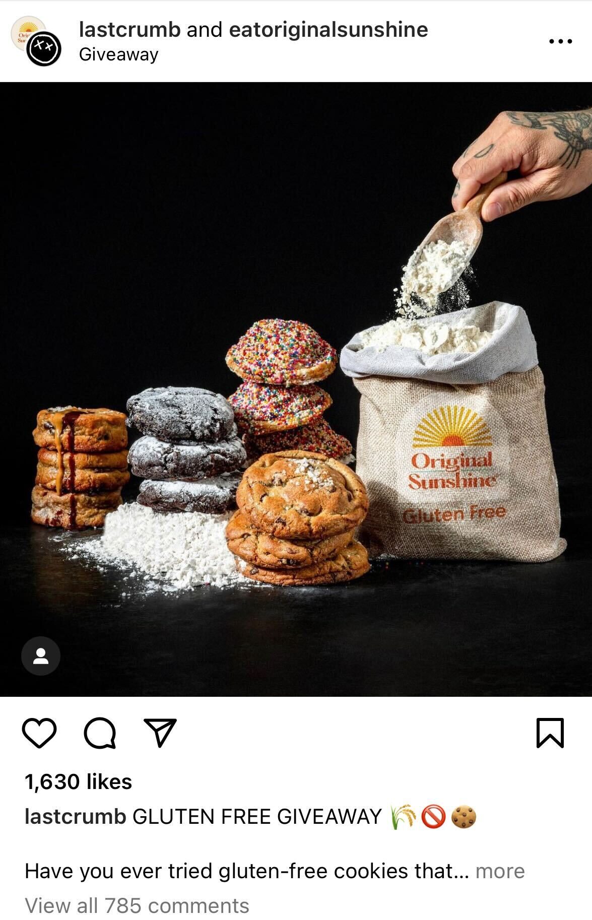 a screen capture from Last Crumb's Instagram page showing a gluten free giveaway promotion
