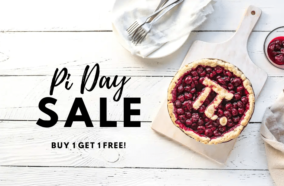 an example of a pi day promotion with an image of a blueberry pie and buy one get one free deal