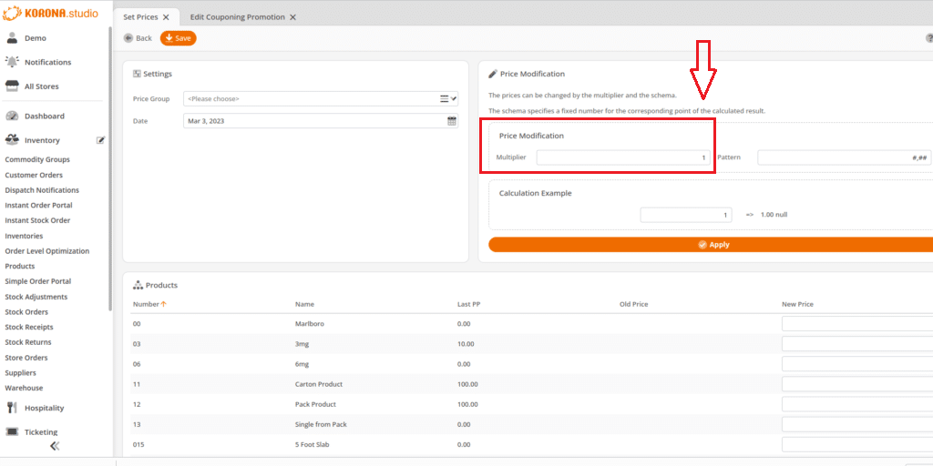 a screen capture from KORONA Studio showing price adjustment options with percentage multiplier 