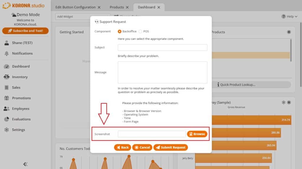 a screenshot from KORONA Studio showing new support request with screenshot option 