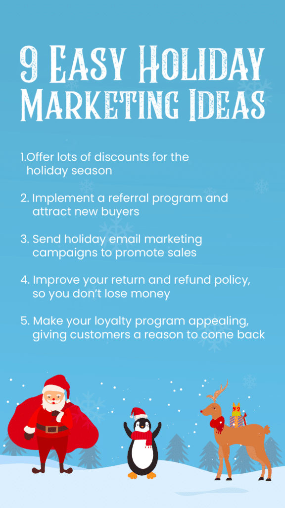 a graphic listing the first half of 9 easy holiday marketing ideas