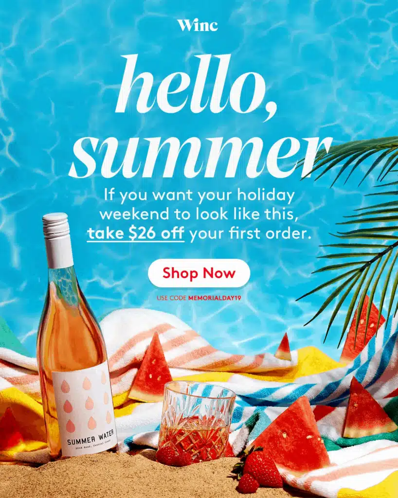 a memorial day marketing promo ad example from Winc showing a bottle of rosé wine, a pool, and other summery images