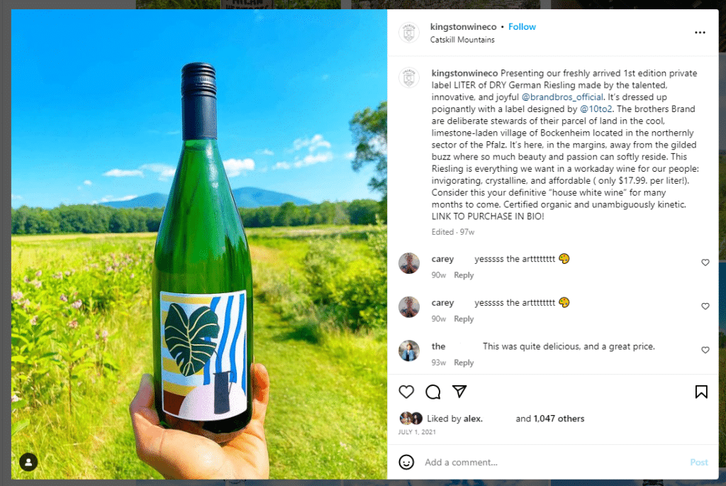 screen capture from Kingston Wine Co Instagram page showing a bottle of Riesling with a field and mountains in the background