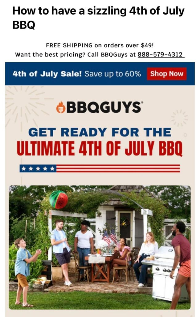 an example of a 4th of July email subject line from BBQ Guys with the email body showing people enjoying a backyard barbecue
