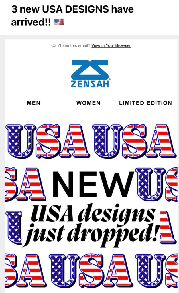 an example of a 4th of July email subject line from Zensah with the email body having USA written repeatedly in stars and stripes