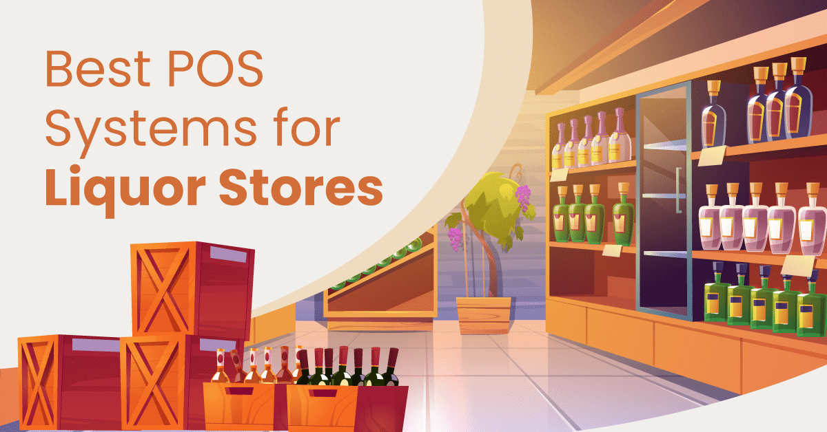 Liquor store setting with shelves filled with wine, beer, and liquor and a liquor store POS system in the background