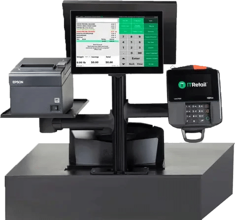 IT Retail liquor cash register set up with a terminal, customer facing display screen, receipt printer, and credit card reader.