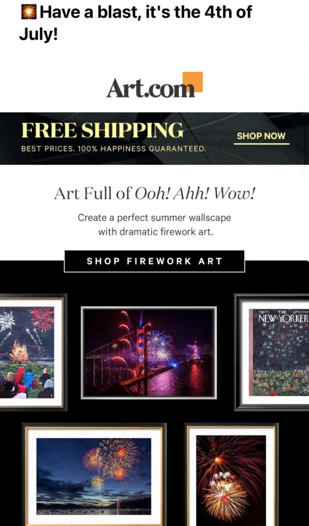 an example of a 4th of July email subject line from Art.com with the body showing framed images of fireworks
