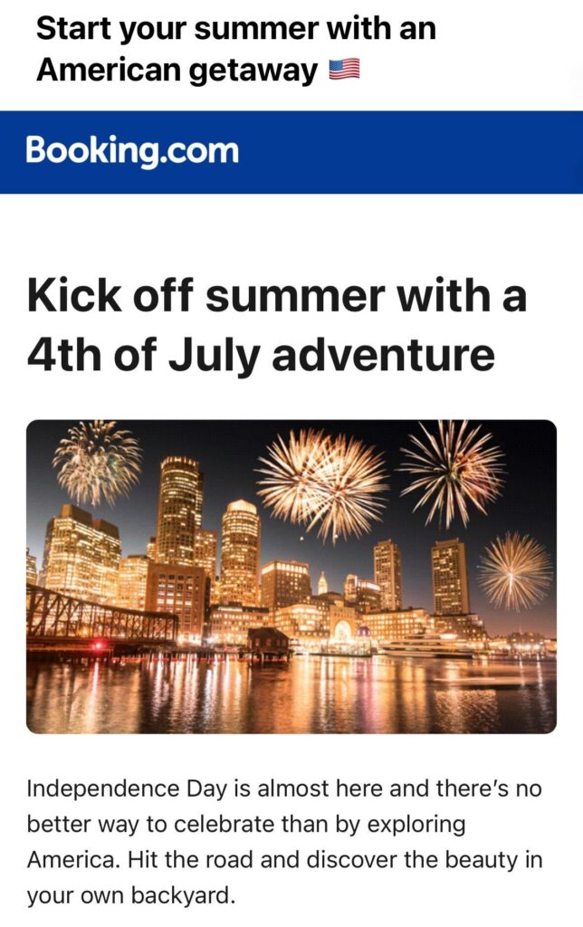 an example of a July 4th email subject line from Booking.com with the email body showing a US city with fireworks in the sky