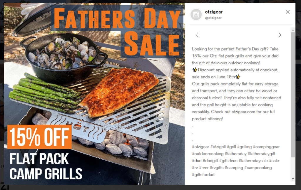 a Father's Day ad from outdoor cooking brand Otzi Gear's Instagram showing a portable grill and 15% off