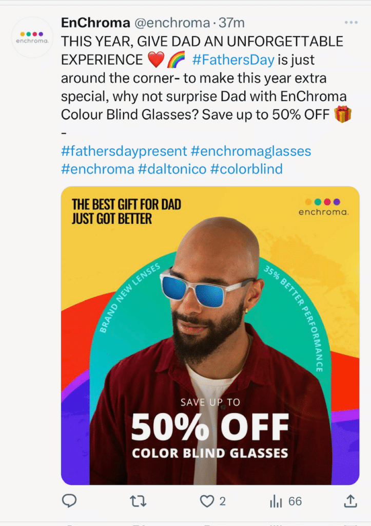 a Father's Day ad example from EnChroma's Twitter showing 'up to 50% off color blind glasses'