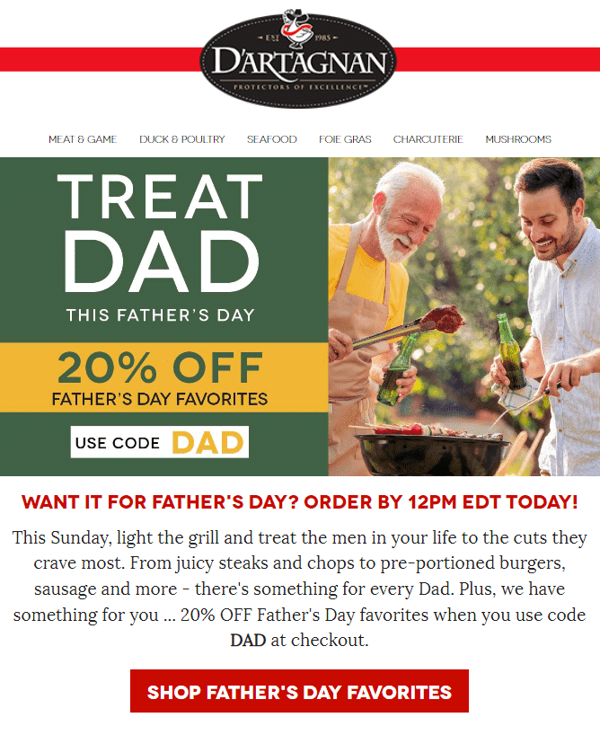 a Father's Day ad email from D'Artagnan meat purveyors with a discount code and a photo of a father and son grilling