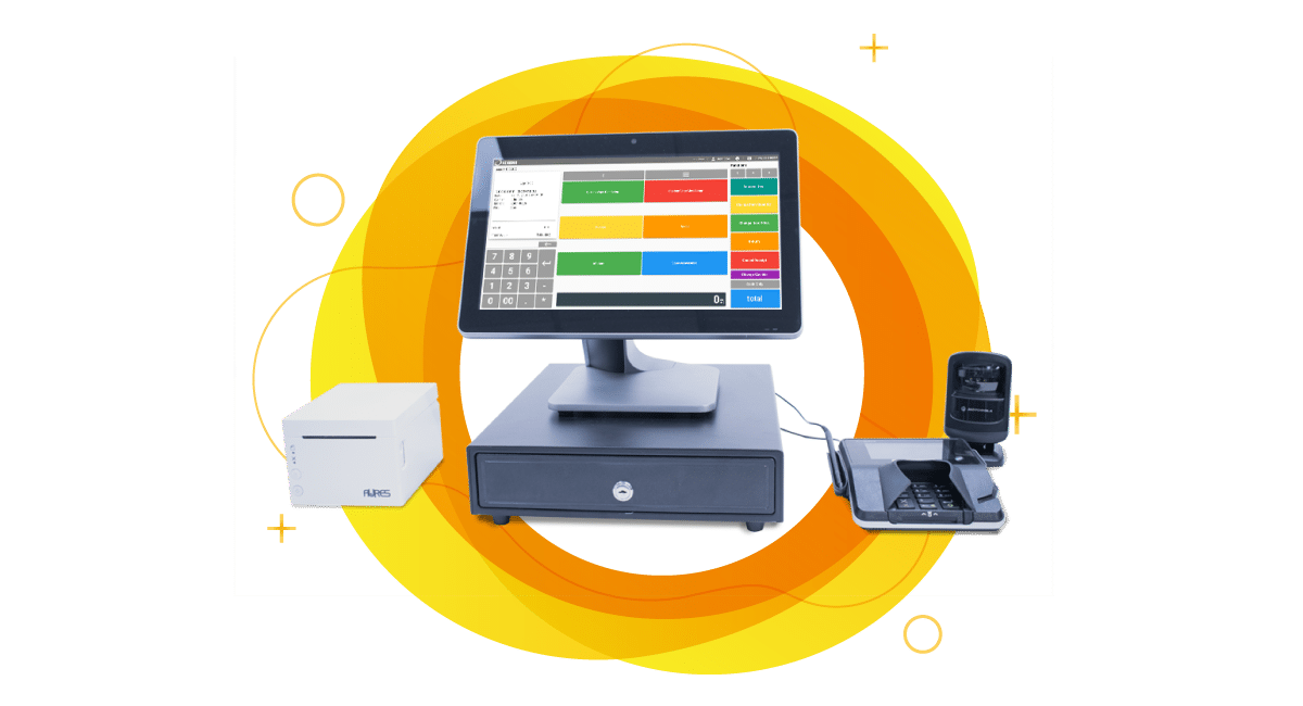 korona pos cash register software and hardware with terminal, cash drawer, receipt printer, credit card reader, and barcode scanner