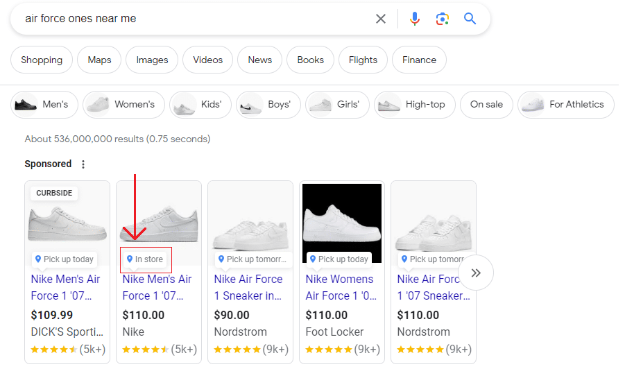 a screen capture from Google search page showing a local inventory ad for Nike Air Force 1s