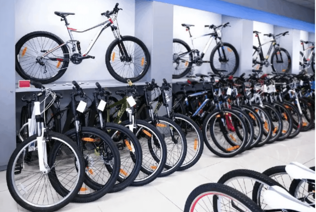 Store area filled with mountain bikes on display for retail sale