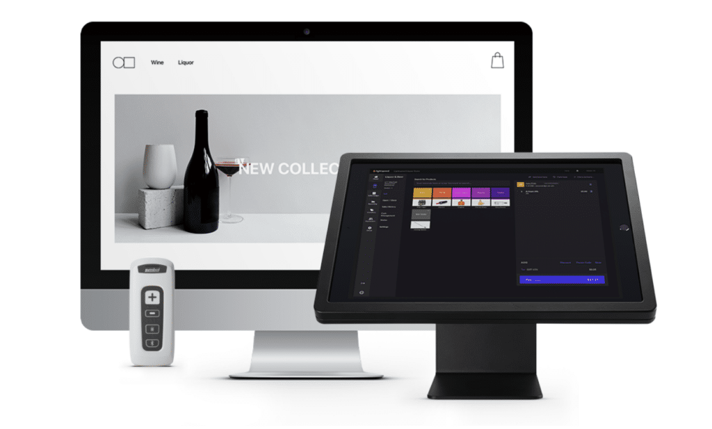 Lightspeed POS large desktop screen with smaller touchscreen terminal next to it
