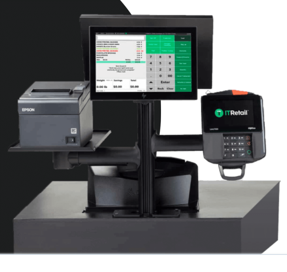 IT Retail liquor point of sale set up with a terminal, customer facing display screen, receipt printer, and credit card reader.