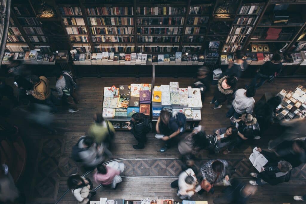 a busy book store sales floor pictured from above