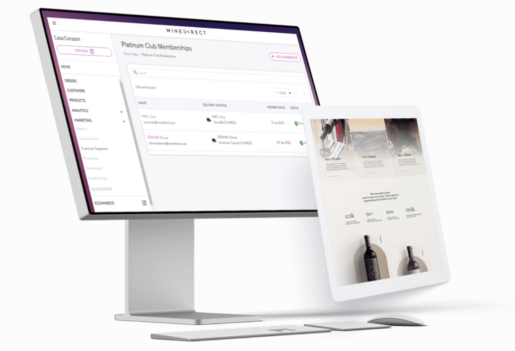 WineDirect wine club membership software on a desktop computer