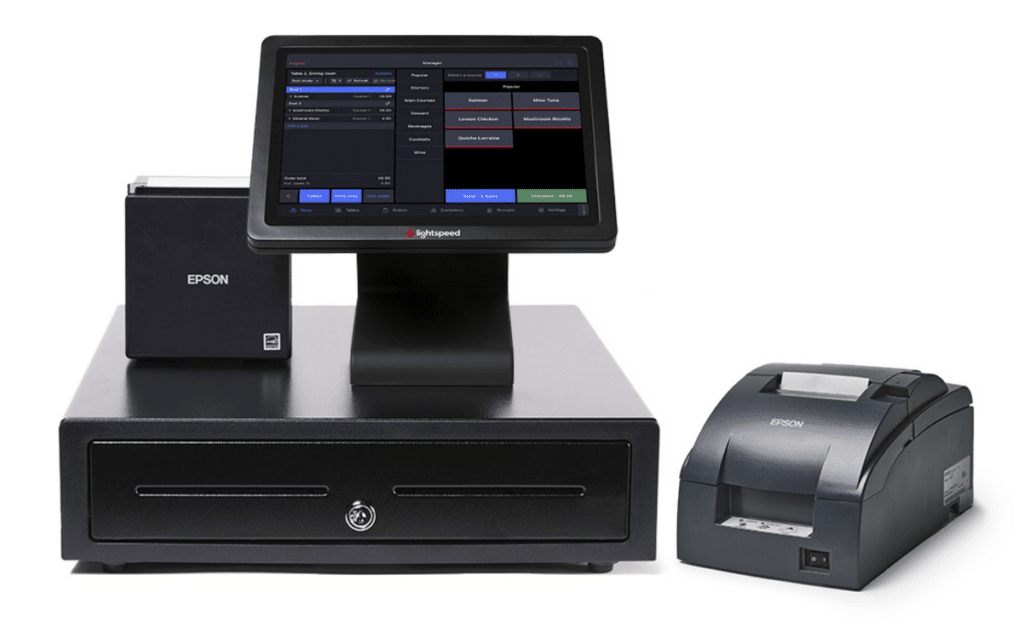 Lightspeed Restaurant POS tablet terminal with a cash drawer and two Epson printers