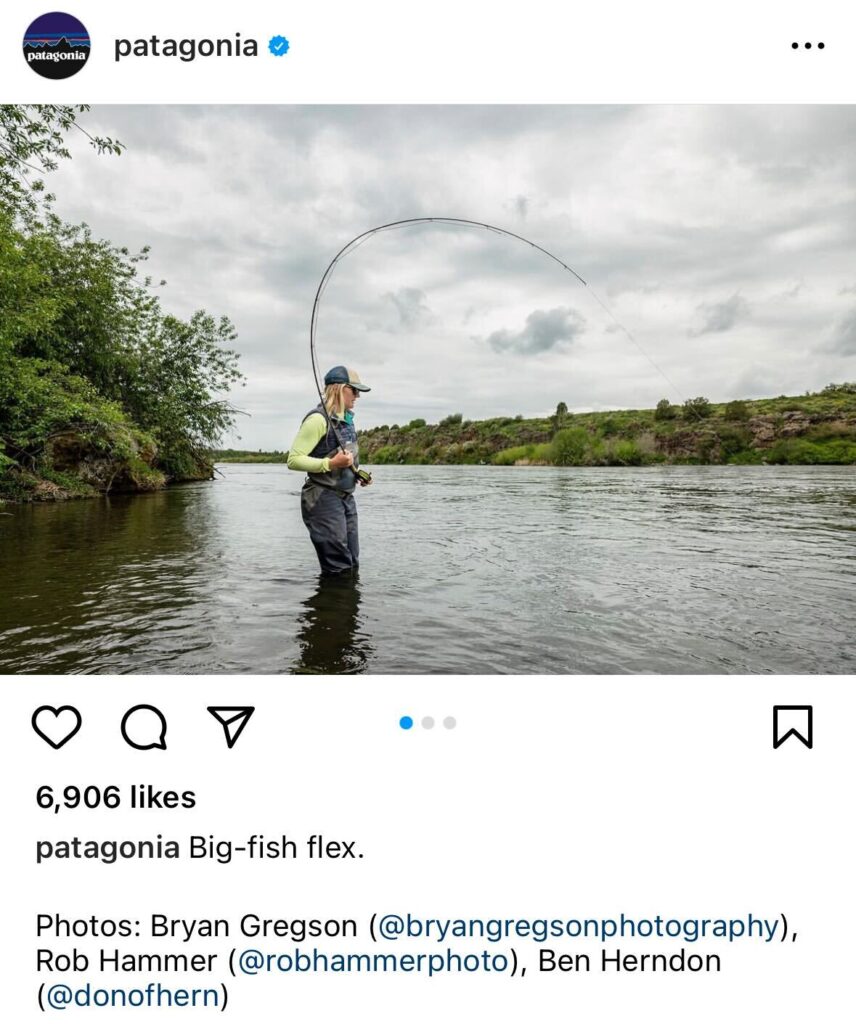 a screen capture from Patagonia showing retail customer engagement with a user generated post of a person fly fishing in gear