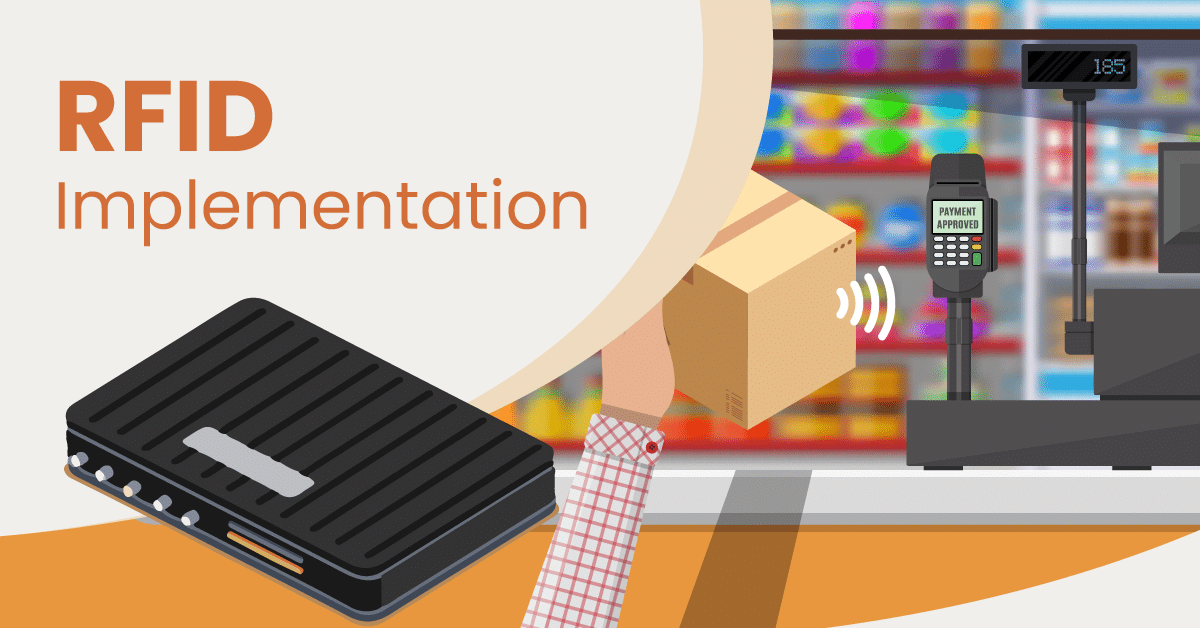 RFID implementation featured image with a graphic of a fixed RFID reader and a contactless checkout