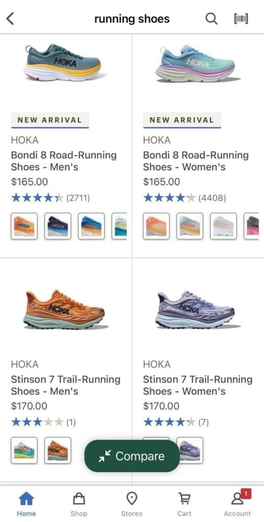 a screen capture from REI mobile app showing running shoes