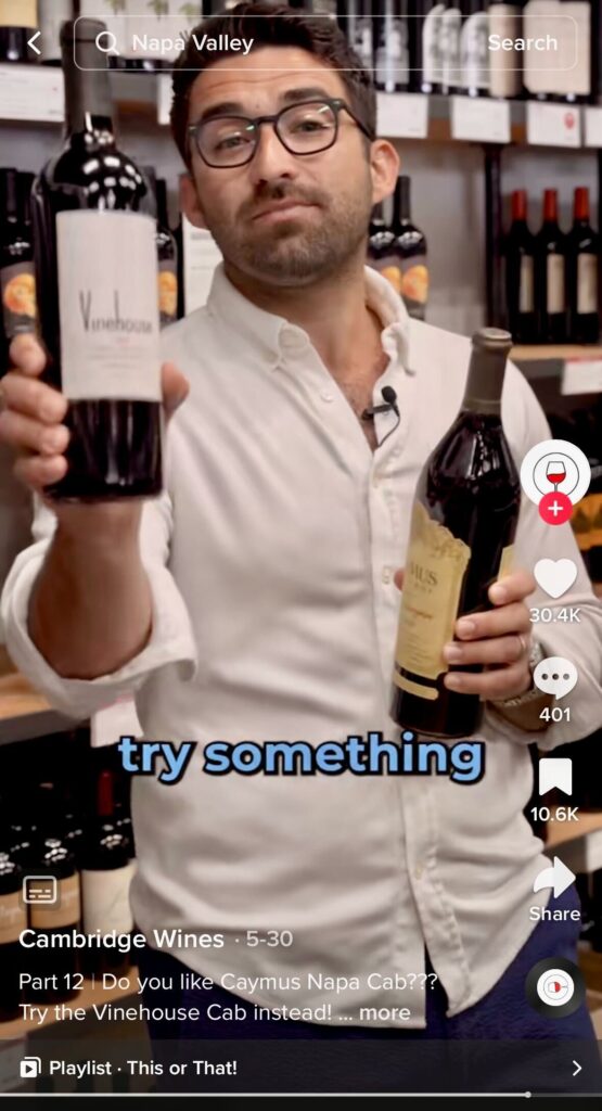 an example of social retail on TIkTok with a Cambridge Wine employee comparing two bottles of red wine