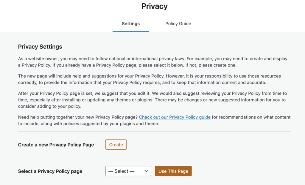 the privacy settings page for WooCommerce setup