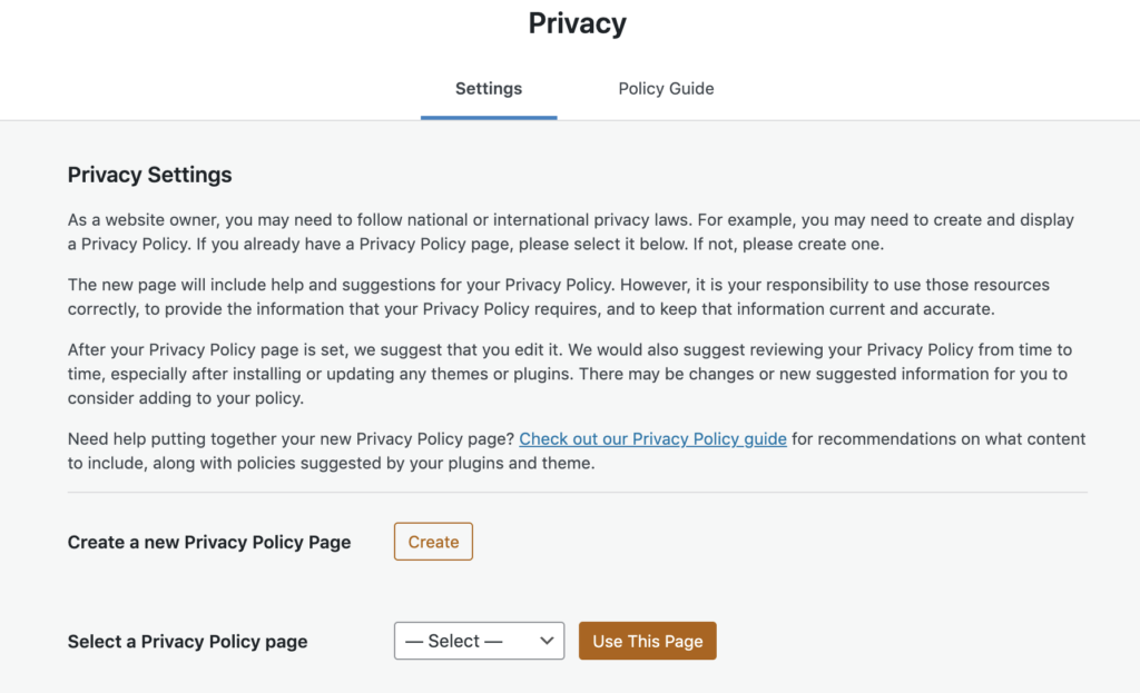 the privacy settings page for WooCommerce setup 