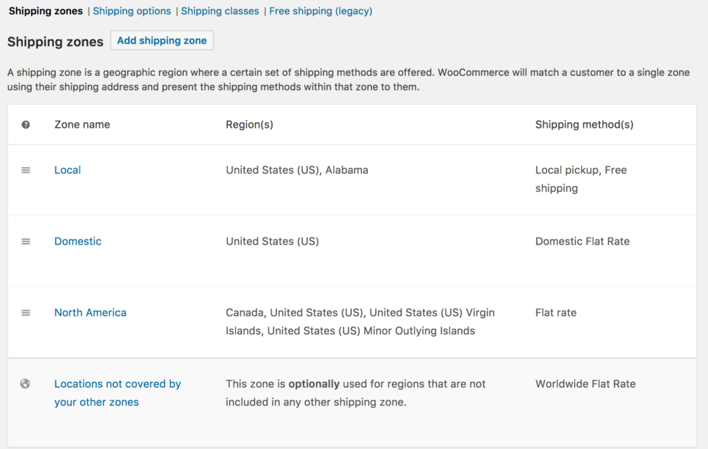 the shipping settings page for WooCommerce setup 